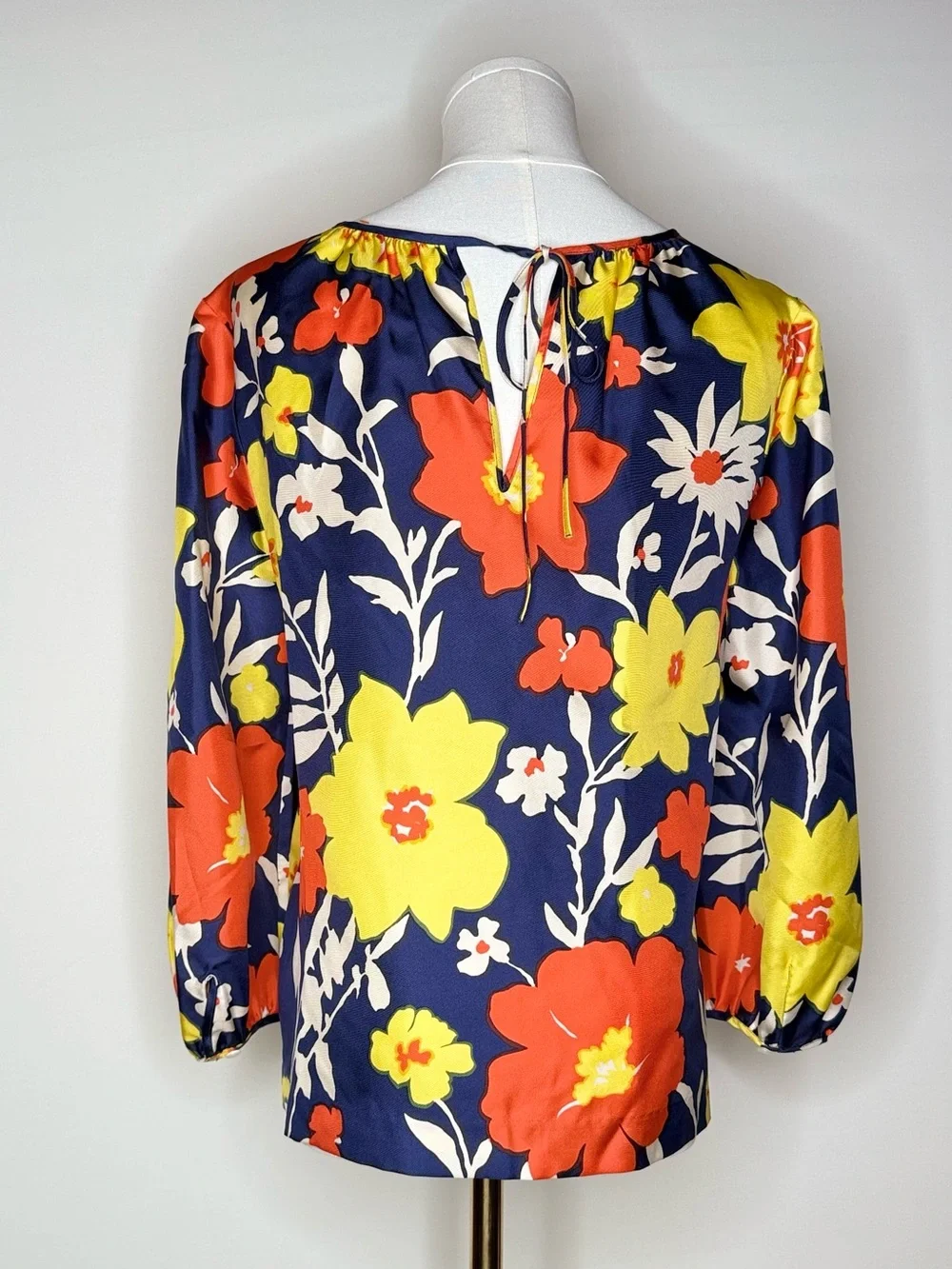 J. Crew Silk Navy Floral Puff-Sleeve Blouse with Yellow and Orange Blooms 4 NWOT